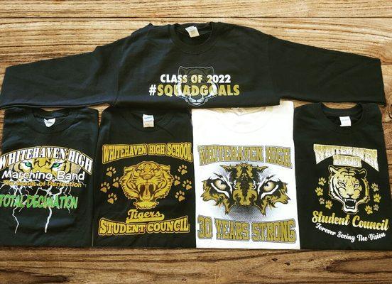 Custom t-shirts for Whitehaven High School through the years, we always look forward to doing shirts for the Tigers!