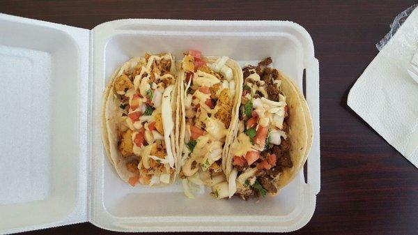 Tuesday taco special. one of each chicken, fish,beef