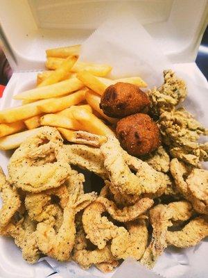 3pcs red snapper, 10 med. Shrimp, half jar oyster, fries and  hushy puppies for only $16.99!