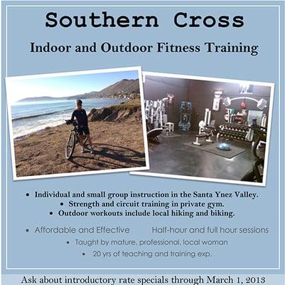 Personal Training in a private gym,  one-on-one or small groups.  Outdoor workouts include local hiking, biking and more.