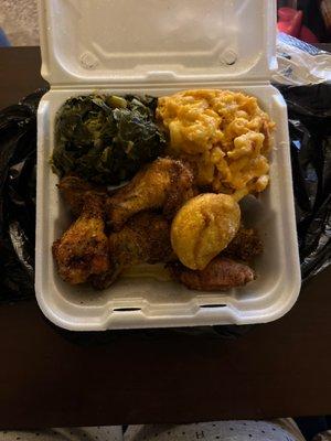 Smoked Garlic Parm Wings, Mac and Cheese, Collard Greens with Additional Corn Muffins