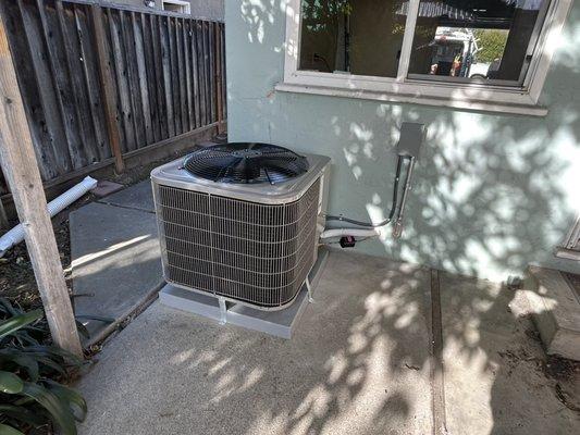 Existing furnace relocated to the garage , duel fuel  with heat pump and new subpanel .