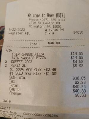 2 large pizzas purchased - Full discount not honored