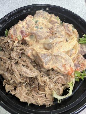 Surf and turf bowl with choice of poke (spicy ahi here) and kalua pork with white rice, brown rice, or green salad