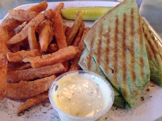 Veggie burger wrap with sweet potato fries