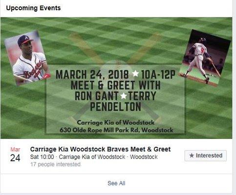 Join us at Carriage Kia in Woodstock Georgia. Meet RON GANT and TERRY PENDLETON!