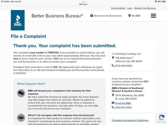 BBB complaint filed