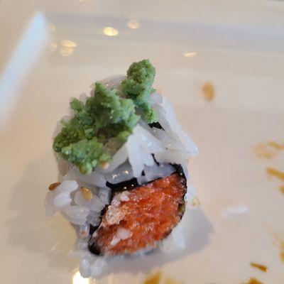 The last piece of my crispy spicy tuna roll.  Notice the amount of wasabi?