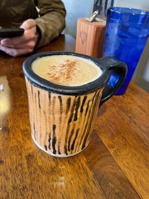 Cinnamon sugar latte - served in a cozy homemade mug!