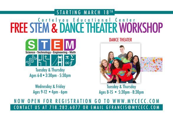 There is LIMITED SEATING for our FREE STEM and Dance Theater workshops. Head to www.mycecc.com for a chance to Register. Don't miss out!