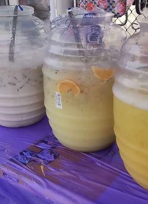 Agua Frescas the flavors are horchata, pineapple and lemonade with chia and orange slices every day there's 3 new different flavors!