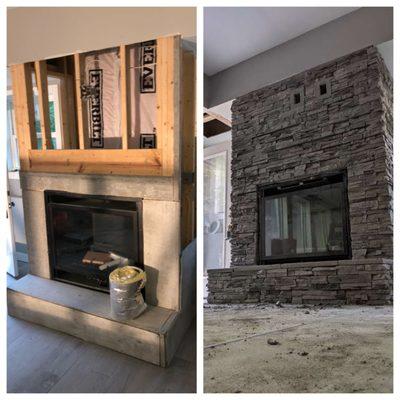 Before and after of the stone going up on the fire place