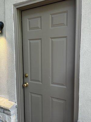 This was a new steel door with all new trim (white) and the paint job is gorgeous.