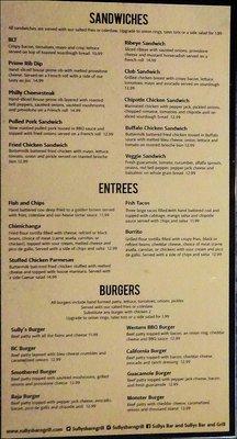 "Sandwiches," with "Entrees" and "Burgers" make up the second page of the menu.