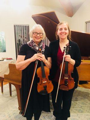 adult violin student and teacher