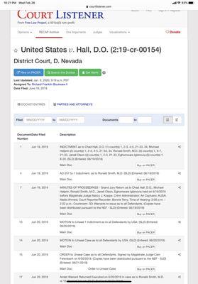 U.S. Federal Government Pacer file on recent arrest of owner Michael Halprin for Opiod/Xanax sales & running a drug facility.