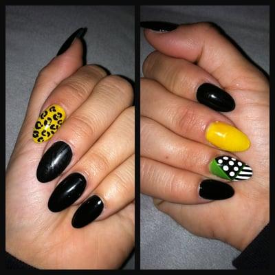 Sarah-leopard, matte and black striped nail, poca-dot and lined nail with green.