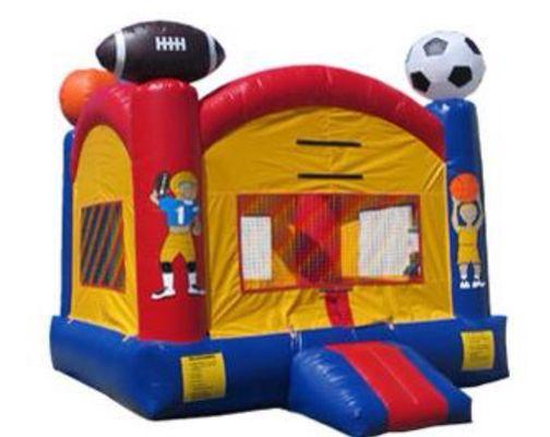 This Sports theme bounce house, with basketball goal, will be a blast for kids of all ages!