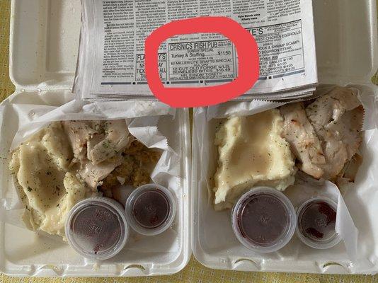 Sunday Special (9/8/19) Takeout - turkey over dressing and real mashed potatoes smothered in gravy with cups of beets and cranberry sauce.