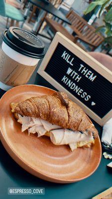 Caramel cappuccino & Turkey, egg and cheese on a croissant