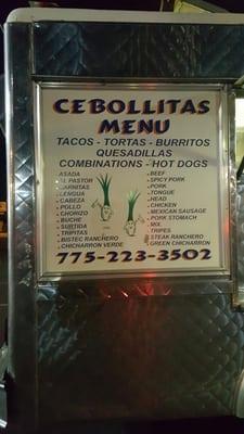 No prices shown, but tacos are $1.50 and tortas are $5. Simple menu.