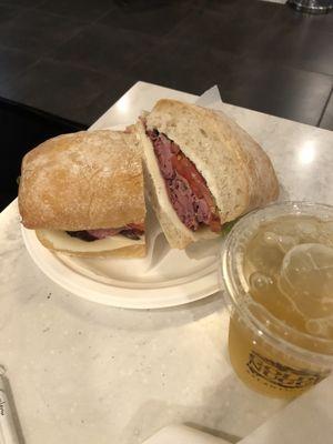 Roast beef sandwich, and green tea, iced tea