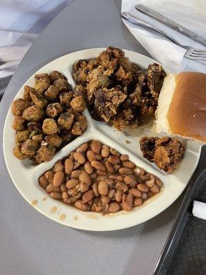 Chicken livers, beans, and fried okra (I recommend getting gravy on the livers)