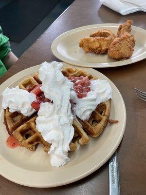 Chicken and waffles - with added whip and strawberries