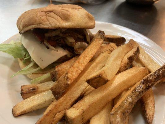 Cheesesteak burger and fries