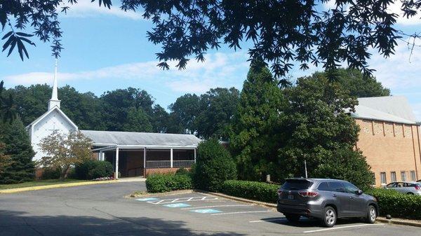 Old Chapel on the left, Day School behind, and Sanctuary on the right.