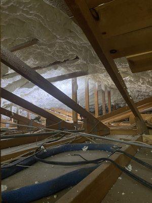 Open Cell attic insulation in progress