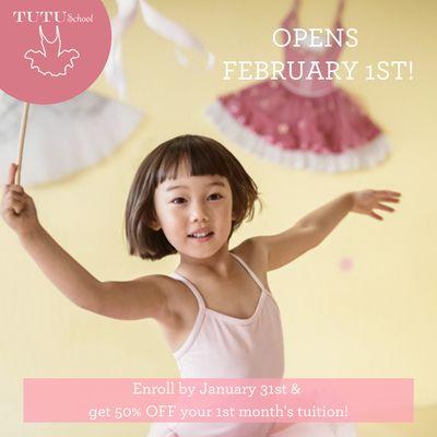 Classes begin February 1st! Enroll by 1/31 and get 50% off your 1st month's tuition