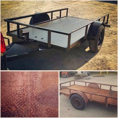 Before and after of a severely corroded utility trailer.