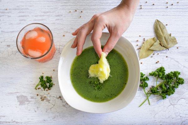 poblano pepper soup with lemon cotton candy