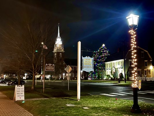 The church on main st in mid December with some holidays decorations at night