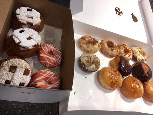 Donuts: caramel apple pie; strawberry pistachio white chocolate; maple bacon; bourbon pumpkin spice; Boston cream; crème brûlée.