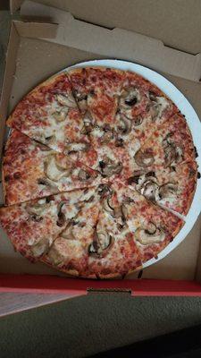 Large thin crust mushroom pizza with parmesan crust