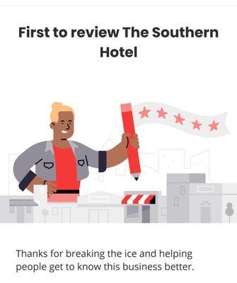 Yelps First To Review badge for The Southern Hotel Perris Ca