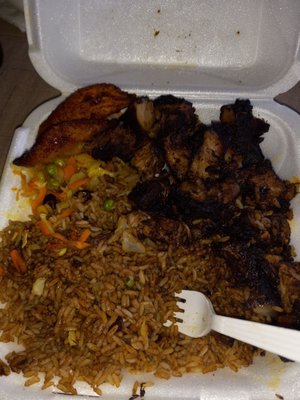 I got the jerk pork with rice and peas and cabbage and plantains