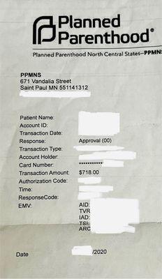 Receipt from Planned Parenthood.