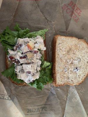 Dry bread. Chicken salad amount not even close to what they advertise...