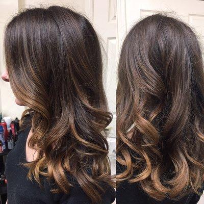 Dimensional Brunette, with a roundbrush blowout. No iron necessary today!