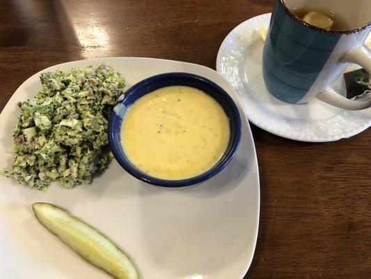 1/2 soup broccoli cheddar $2.25. Side of broccoli salad $2.25. Earl gray hot tea $1.75.