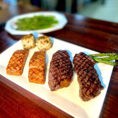 Flame-grilled steaks, salmon & crab cakes