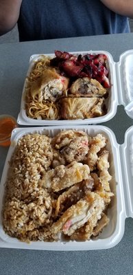 Fried rice, with lemon chicken.   Chow mien with char soup and grilled chicken