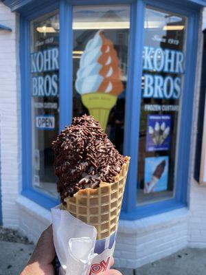 I got the chocolate single flavor of frozen custard with the chocolate jimmies and a waffle cone. Thank you.