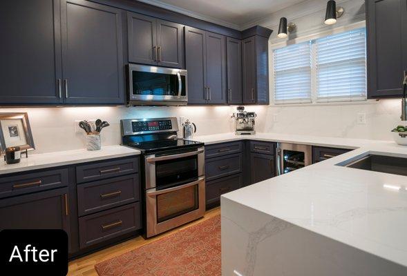 Space under the window was modified to put a wine fridge.