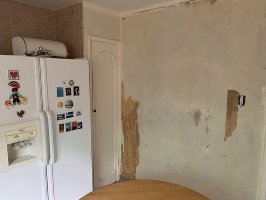 Kitchen wall after wallpaper removed, before primer/prep.