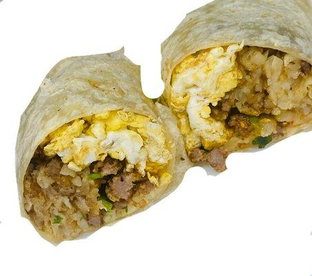 Breakfast Burrito-Sausage or Bacon with 3 scrambled eggs, mozzarella cheese, potatoes, onions, cilantro and Steph's homemade Chipotle Salsa