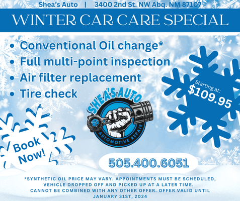 Enjoy a Winter Car Care Special at Shea's Automotive! Book NOW by calling us today - offer ends January 31st, 2024